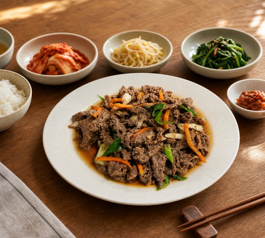 온다미 한우 간장양념 불고기 한 상 — 밥과 나물, 김치를 곁들인 상차림