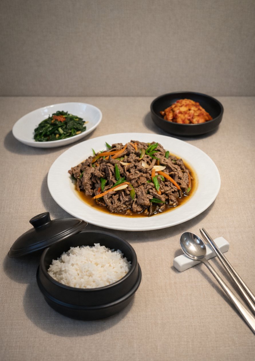 온다미 한우 불고기로 차린 집밥 한 상 — 뚝배기밥과 반찬