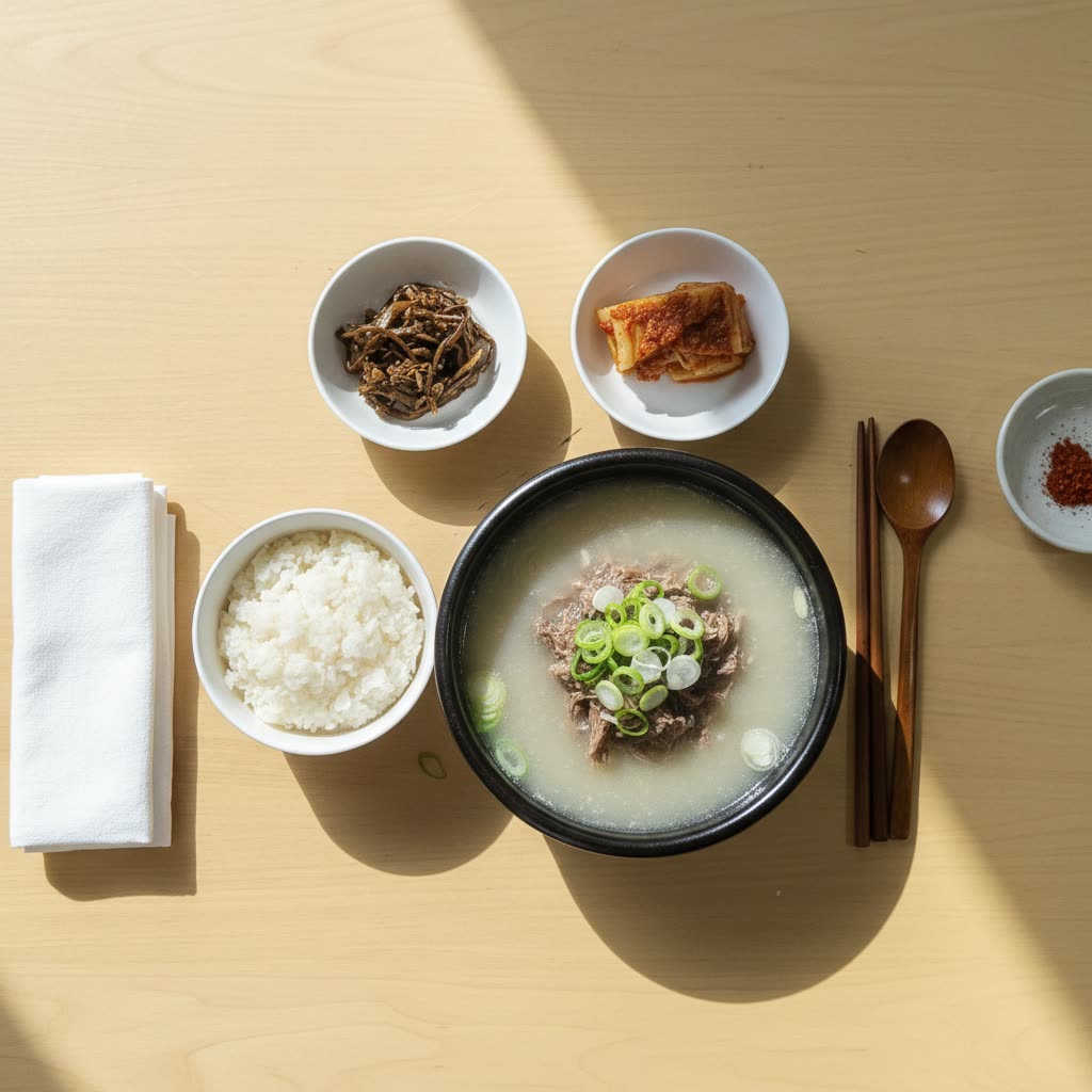 검은 뚝배기에 담긴 한우 곰탕과 흰 쌀밥 한 상 — 온다미 매장에서 직접 촬영