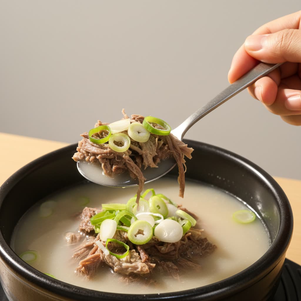숟가락에 결대로 찢어진 한우 양지가 가득 올라간 모습 — 온다미 매장에서 직접 촬영